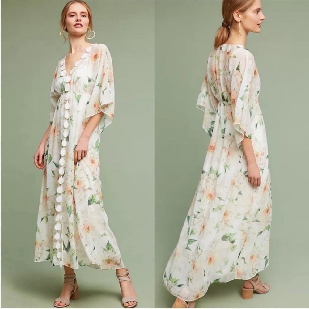 🦋 FARM Rio for Anthropologie Dahlia Embroidered Sheer Floral Maxi Dress Large